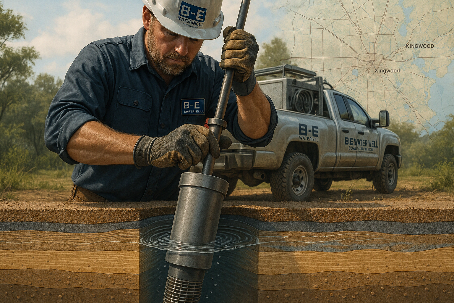 B-E Waterwell technician repairing well casing and pipe system in Texas