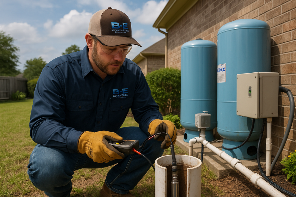 B-E Waterwell technician inspecting well pump equipment at a home in Magnolia TX