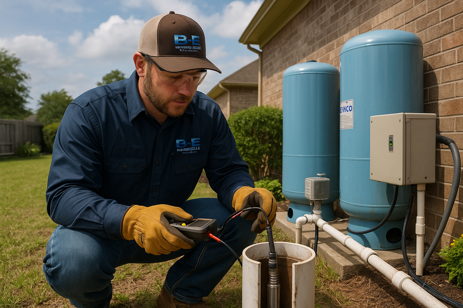 B-E Waterwell technician inspecting well pump equipment at a home in Magnolia TX